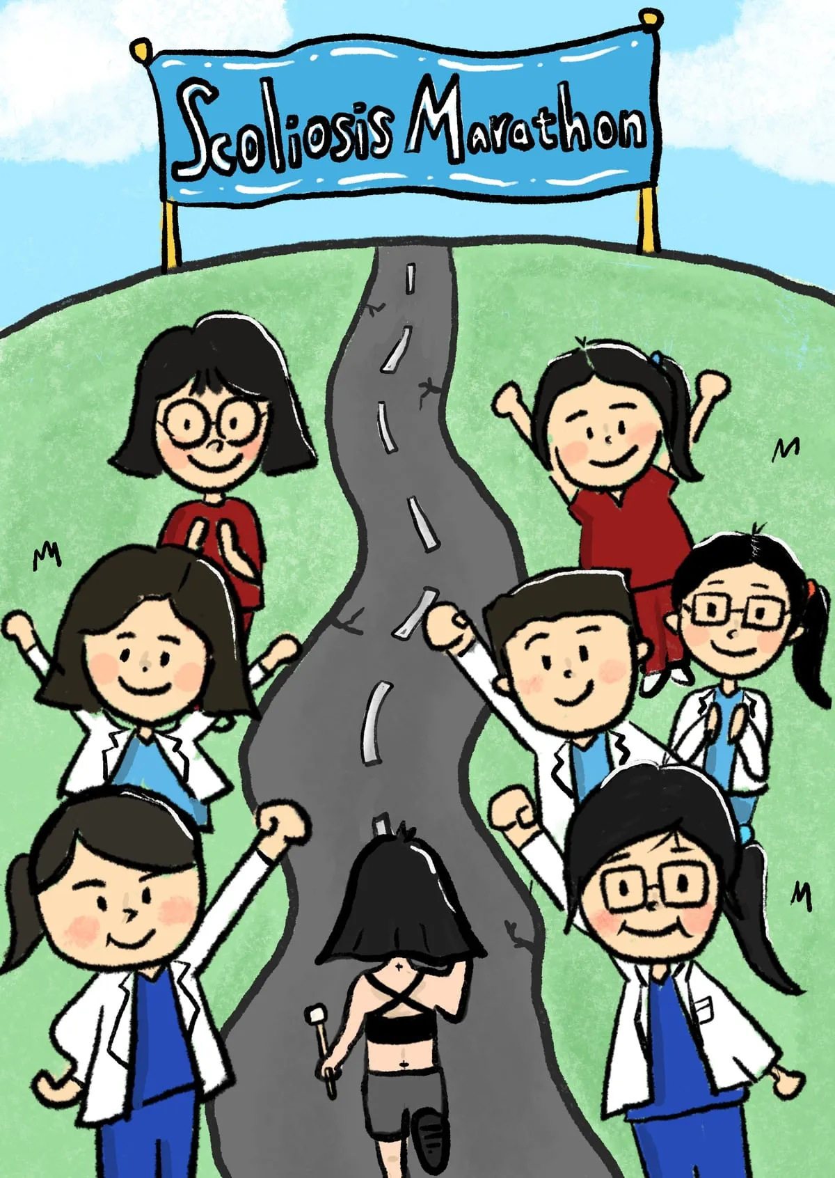 手繪插畫「Scoliosis Marathon」:醫療團隊在跑道兩旁,為跑向終點的側彎跑者加油
